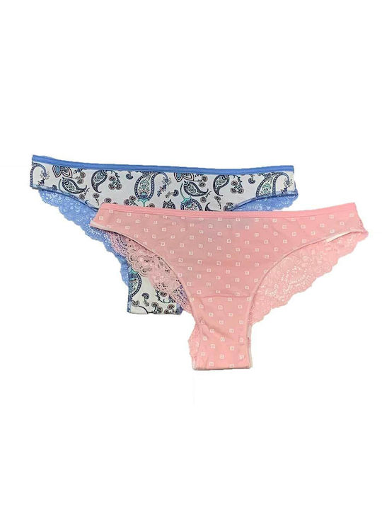 Cotonella Cotton Women's Brazil 2Pack with Lace Blue and Pink