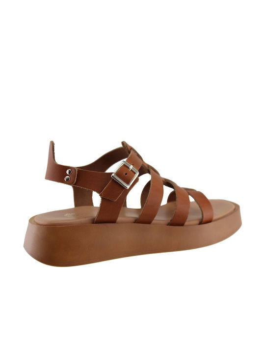 Stefania Leather Women's Flat Sandals with Strap Flatforms in Tabac Brown Color