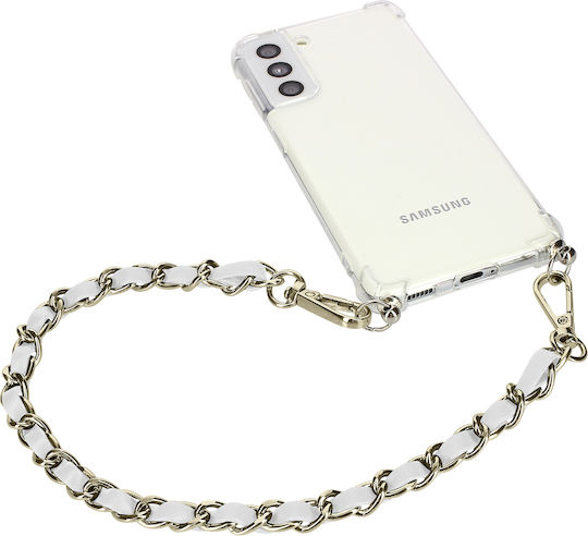 Bijuterie pentru telefon cu lanț, împletită, argintie, piele ecologică albă, 40cm