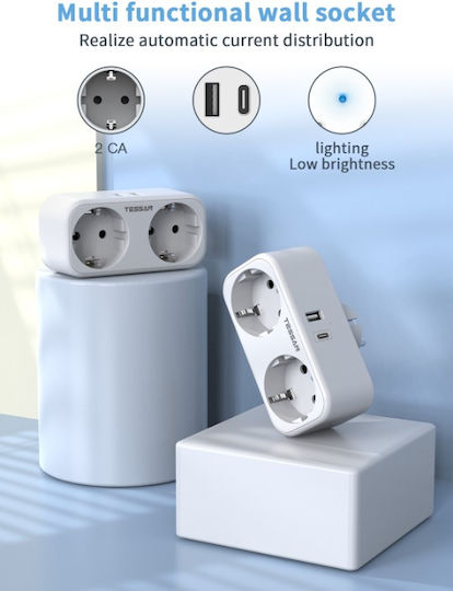 Tessan Power Strip 2 Sockets with 1 USB-A and 1 USB-C without Cable