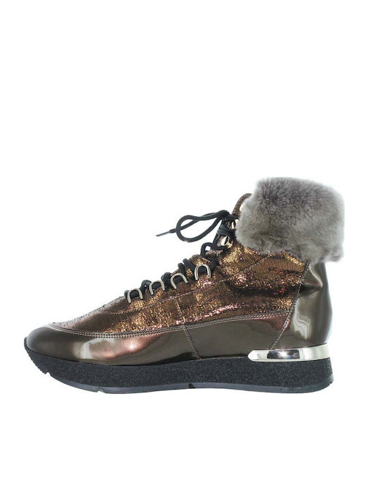 Leather Women's Ankle Boots Platform & Fur Brown