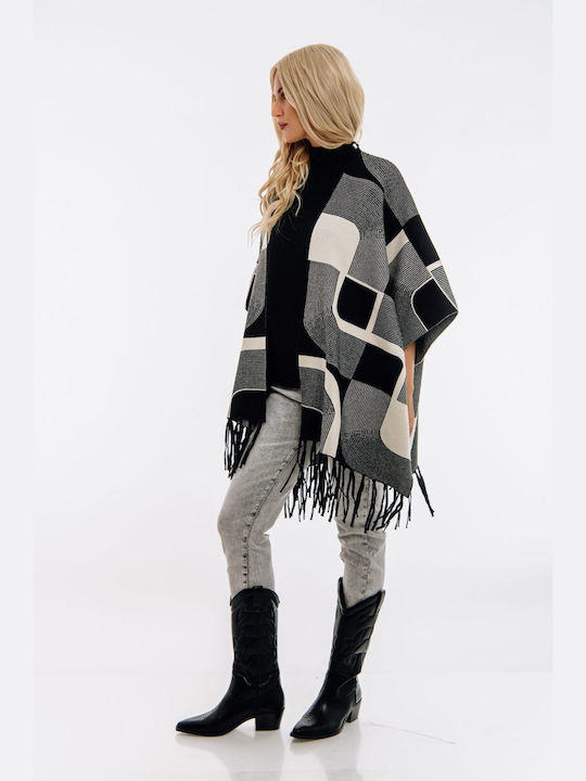 Freestyle Knitted Poncho Print Μαύρο