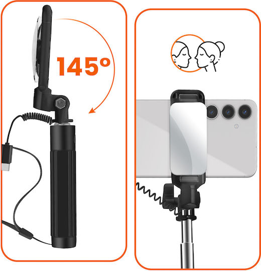 Linq Selfie Stick Integrated Mirror Usb-c Trigger Button Black