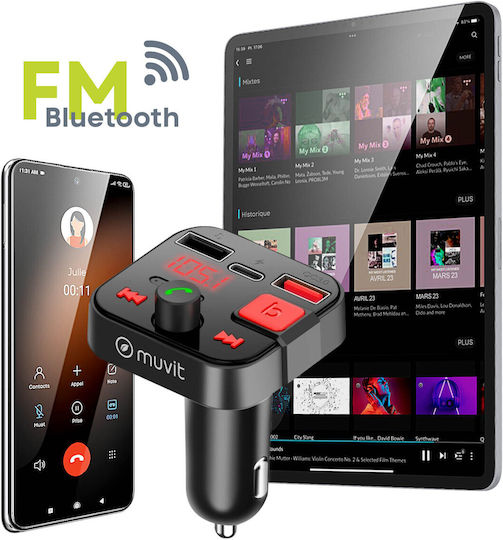 Muvit Bluetooth FM Transmitter Car Charger USB USB-C Port Black