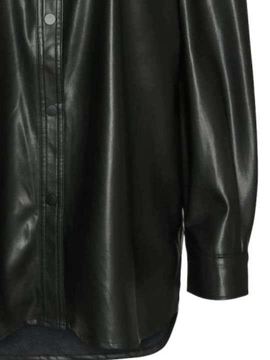 Long Sleeve Women's Leather Shirt Black