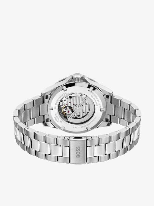 Boss Troper Ανδρικό Ρολόι 42mm Χρονογράφος Αυτόματο με Ασημί Μεταλλικό Μπρασελέ