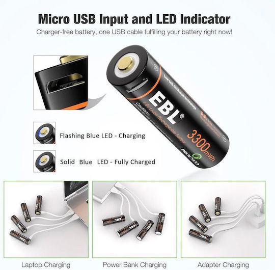 EBL Επαναφορτιζόμενες Μπαταρίες AA Li-ion 3300mAh 1.5V 4τμχ