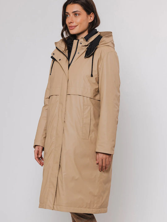 Rino&Pelle Women's Long Lifestyle Jacket Waterproof for Winter with Hood Beige