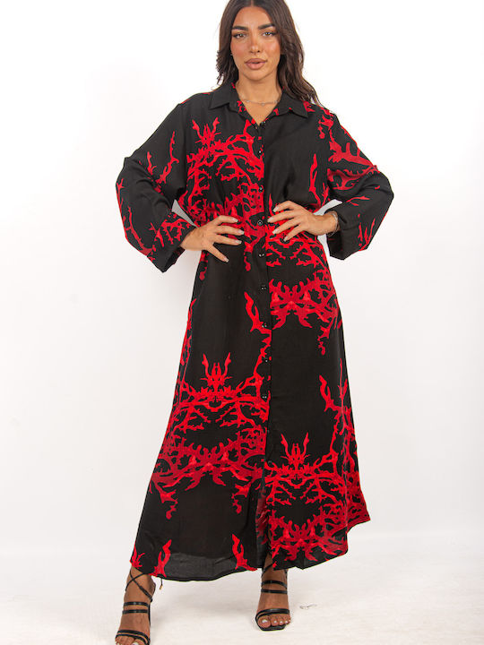 Rochie Cămașă Caftan Coral Negru-Roșu