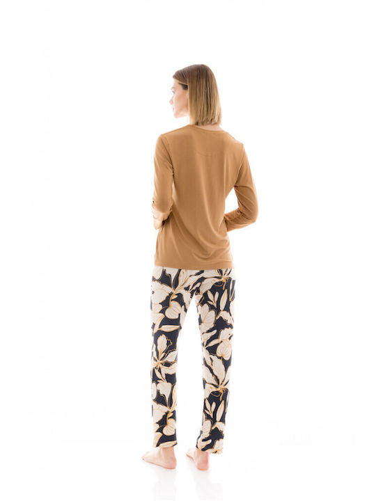 Γυναικεία Πυτζάμα Pink Label Χρυσή Μπλούζα Μπλε Floral Παντελόνι Regular Fit Viscose
