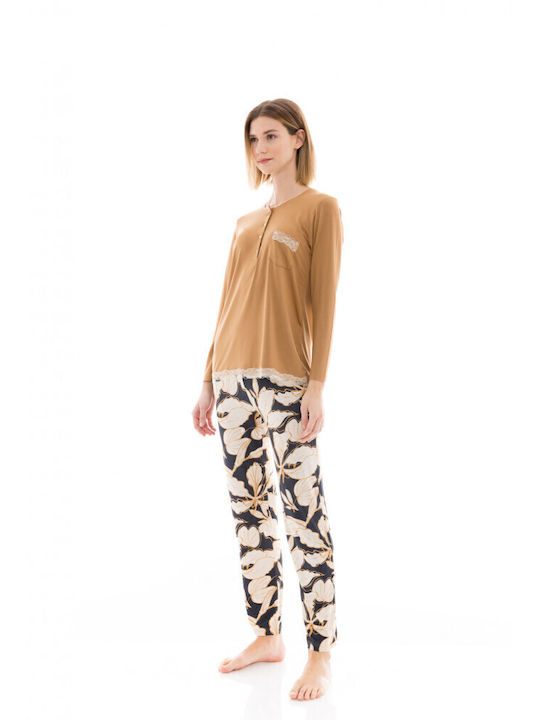 Women's Pyjamas Pink Label Gold Top Blue Floral Pants Regular Fit Viscose