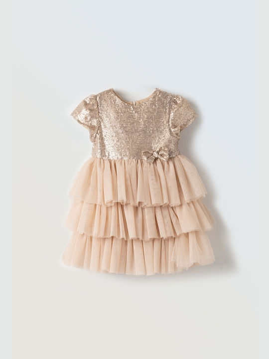 Evita Kids Dress with Sequins Short Sleeve beige