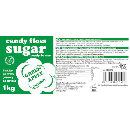 Green Apple Flavored Cotton Candy Sugar 1kg