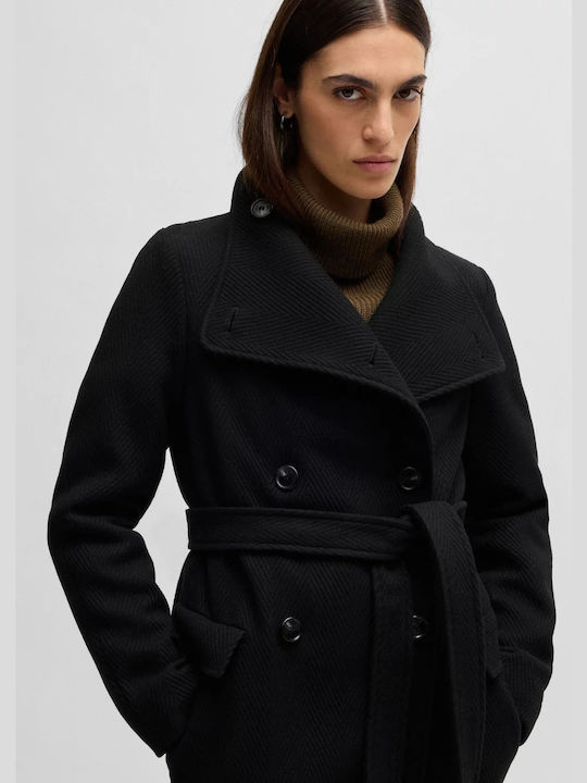 Wool Women's Black Coat with Buttons
