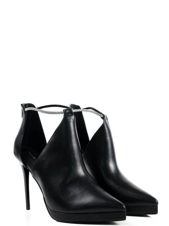 Black Matte Pointed Toe Ankle Boots with Rhinestones