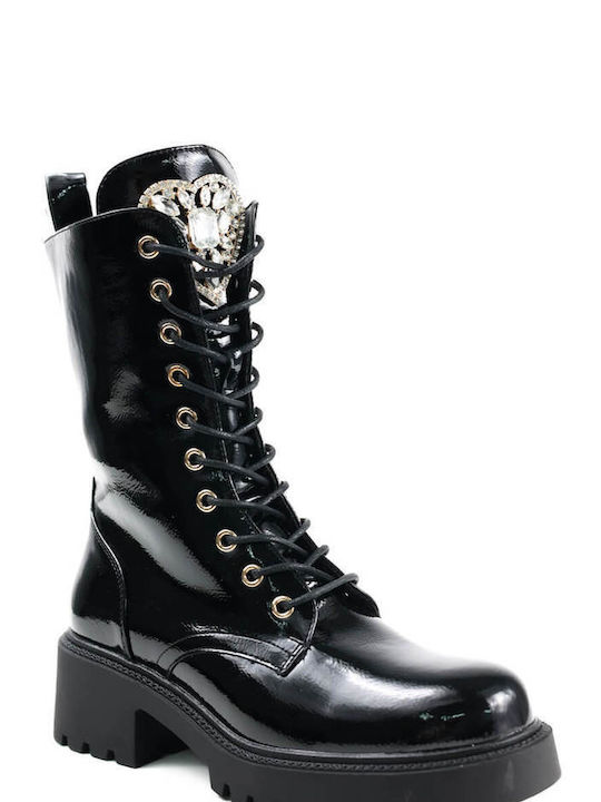 Black Patent Leather Ankle Boots with Decorative Stones