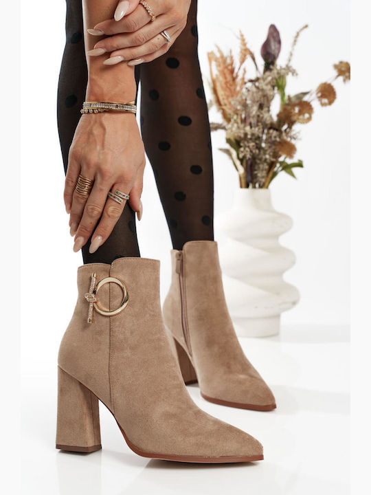 Beige Ankle Boots with Gold Decorative Ring