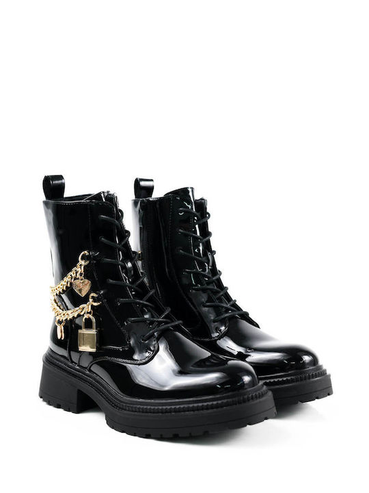 Black Patent Leather Ankle Boots with Gold Chains