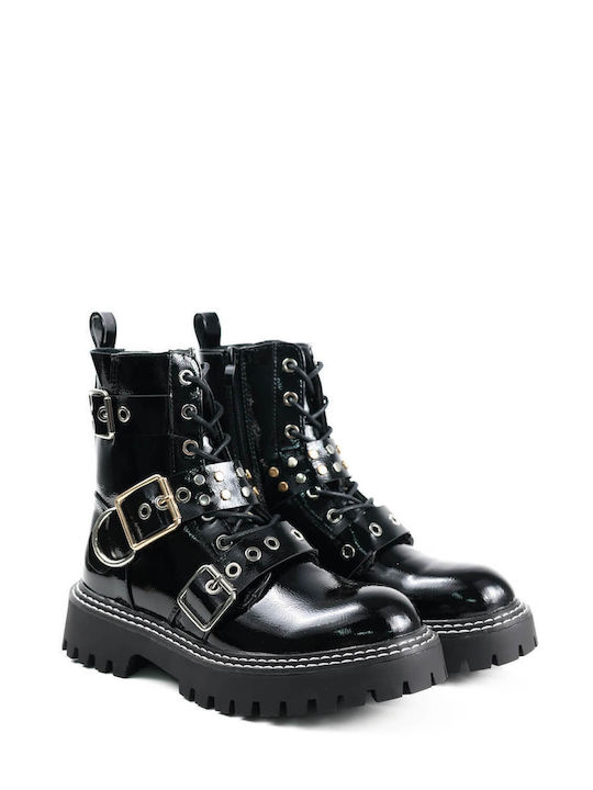 Black Glossy Ankle Boots with Decorative Studs