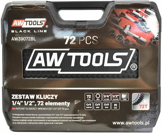 Set de 72 piese de chei tubulare Awtools 1/2" 1/4" Black Line