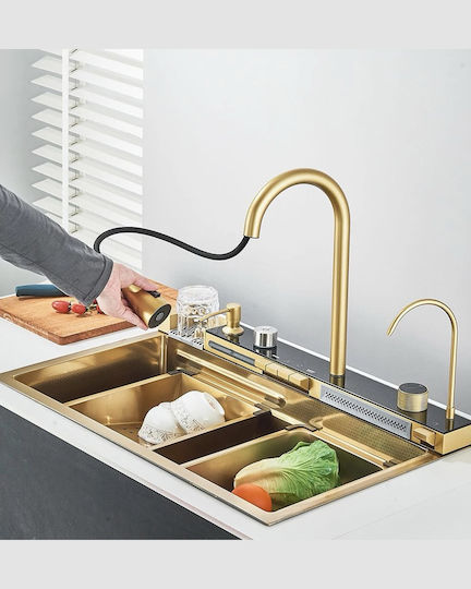 Naron Nr5521bg Drop-In Kitchen Sink Inox Brushed with Faucet L75xW46cm Gold