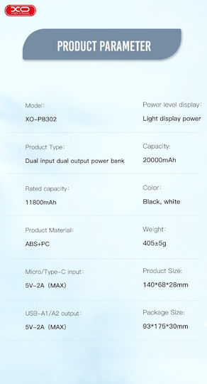 XO PB302 Power Bank 20000mAh с 2 USB-A порта и USB-C порт Бял