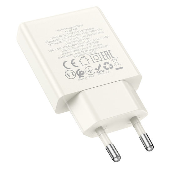 Hoco Φορτιστής Χωρίς Καλώδιο με Θύρα USB-A και Θύρα USB-C 30W Quick Charge 3.0 Λευκός (N45 Biscuit)