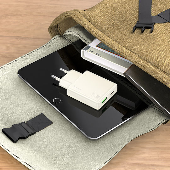 Hoco Φορτιστής Χωρίς Καλώδιο με Θύρα USB-A και Θύρα USB-C 30W Quick Charge 3.0 Λευκός (N45 Biscuit)