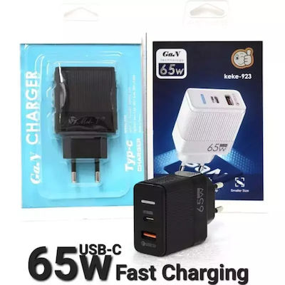 Charger Without Cable with 2 USB-A Ports and USB-C Port 30W Power Delivery / Quick Charge 3.0 Black (KeKe-923)