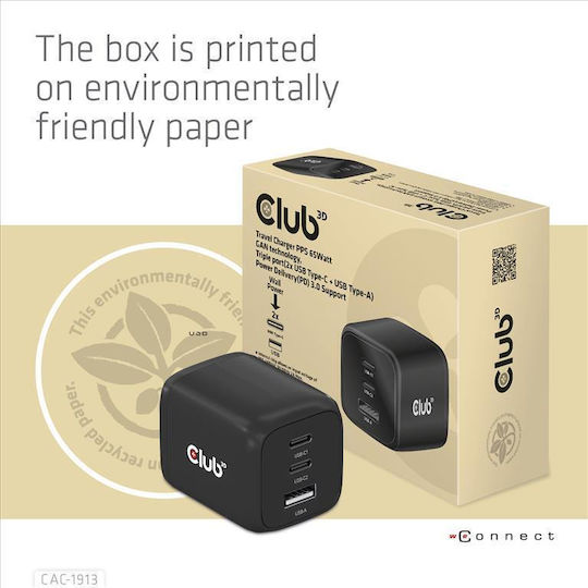 Club3D Club3D Handyladegerät Ohne Kabel GaN mit USB-A Ausgangsanschluss und 2 USB-C Ausgangsanschlüssen 65W Schwarze (PPS)