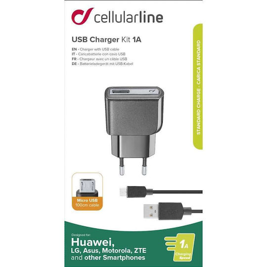 Cellular Line Ladegerät mit USB-A Anschluss und Kabel Micro-USB 5W Schwarzs (ACHUSBKITMICROUSB2)