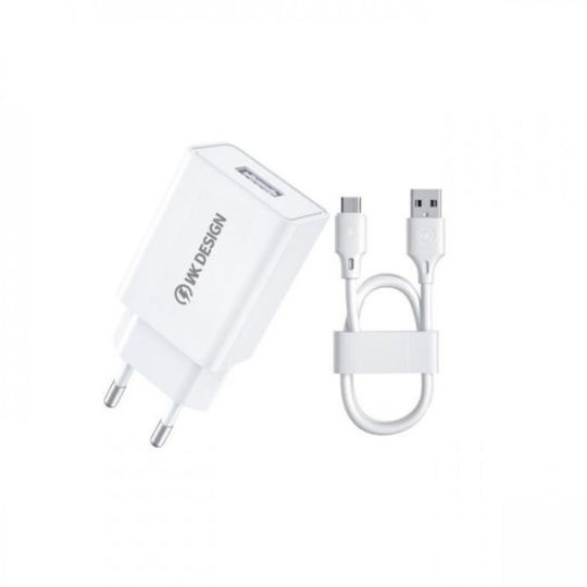WK Φορτιστής με Θύρα USB-A και Καλώδιο micro USB 10W Λευκός (WP-U118)