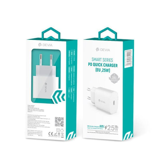 Devia Charger Without Cable with USB-C Port 25W Power Delivery Whites (EA315)