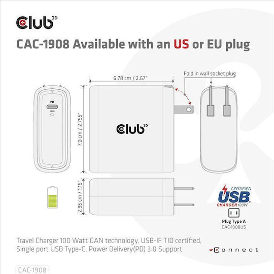 Club3D Φορτιστής Χωρίς Καλώδιο GaN με Θύρα USB-C 100W Power Delivery Μαύρος (CAC-1908)