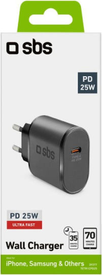 SBS Ladegerät ohne Kabel mit USB-C Anschluss 25W Stromlieferung Schwarzs (TRR1CPD25)