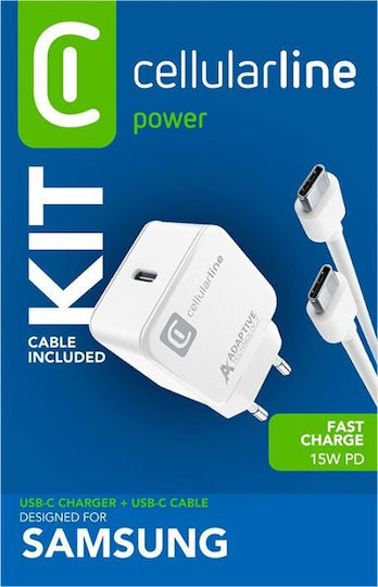 Cellular Line Φορτιστής με Θύρα USB-C και Καλώδιο USB-C - USB-C 15W Λευκός (ACHSMKITC2C15WW)
