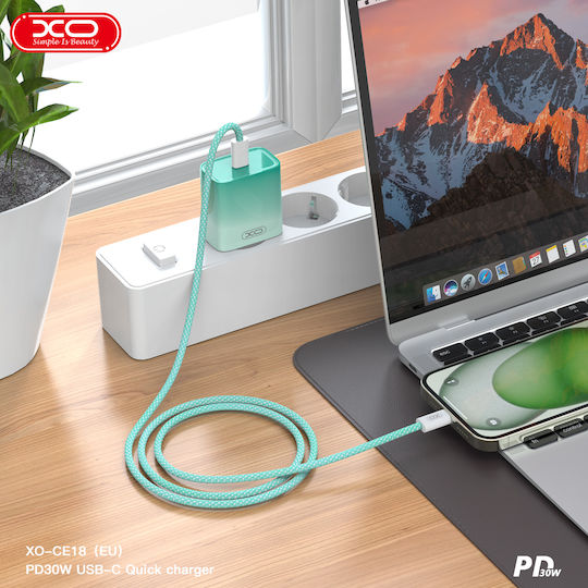 XO Ladegerät mit USB-C Anschluss und Kabel USB-C - USB-C 30W Stromlieferung Blue-White (CE18)
