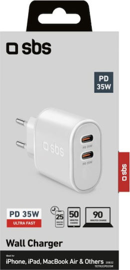 SBS Φορτιστής Χωρίς Καλώδιο με 2 Θύρες USB-C 35W Power Delivery Λευκός (TR2CPD35W)