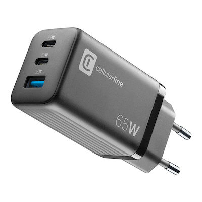 Cellular Line Charger Without Cable with USB-A Port and 2 USB-C Ports 65W Blacks (444722)