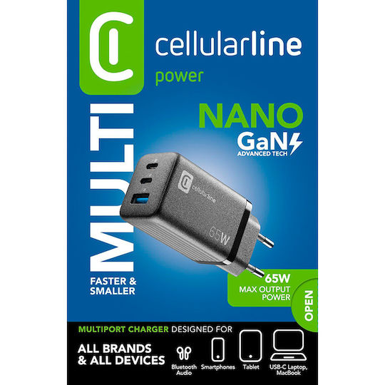 Cellular Line Cellular Line Handyladegerät Ohne Kabel GaN mit USB-A Ausgangsanschluss und 2 USB-C Ausgangsanschlüsse 65W Stromlieferung Schwarz (444722)