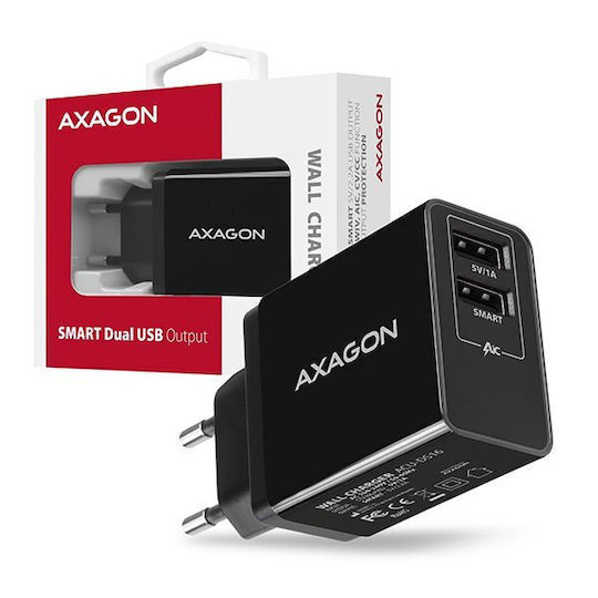 Axagon Ladegerät ohne Kabel mit 2 USB-A Anschlüsse 16W Schwarzs (ACU-DS16)
