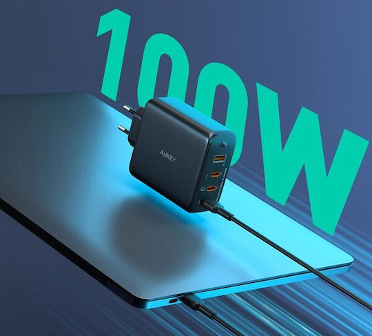 Aukey Ladegerät ohne Kabel GaN mit USB-A Anschluss und 3 USB-C Anschlüsse 100W Stromlieferung Schwarzs (PA-B7S)