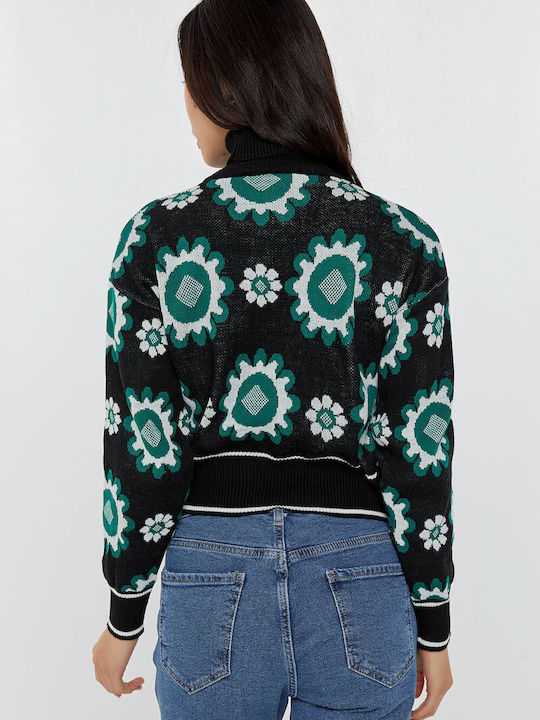 Bluze Damă Crop Cu Guler Înalt Floral Negru