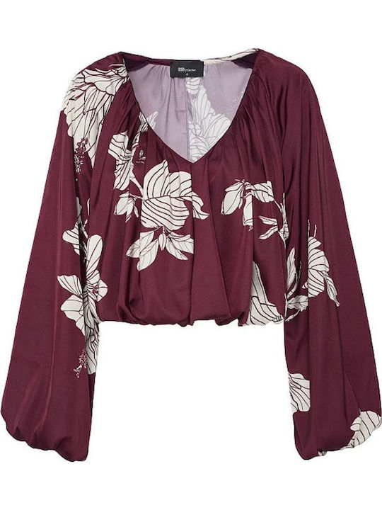 Women's Blouse Satin Long Sleeve with V Neckline Bordeaux