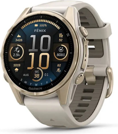 Garmin Fenix 8 Неръждаема стомана 43мм Водоустойчив Смартчасовник с Пулсомер (Sapphire, Soft Gold With Fog Grey/dark Sandstone Silicone Band)