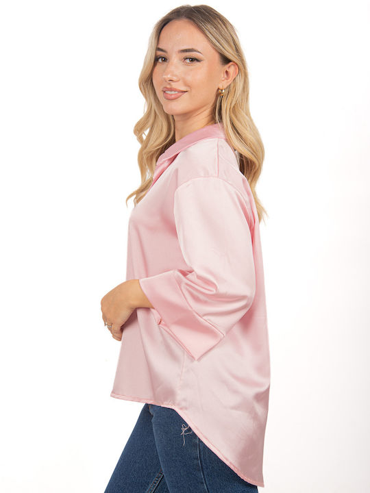 Ellen Langärmelig Damen Satin Hemd Pink