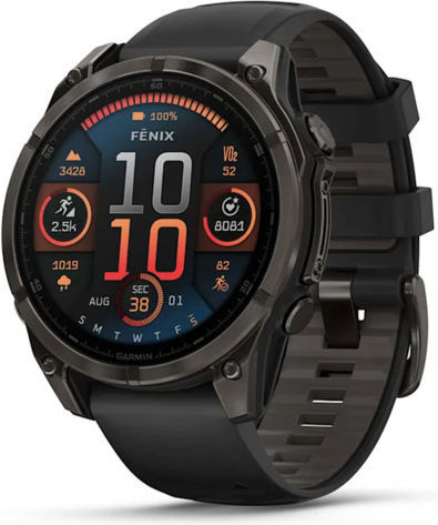 Garmin Fenix 8 Титаний 47мм Водоустойчив Смарт часовник с Пулсомер (Sapphire, Carbon Grey Dlc Titanium With Black/pebble Grey Silicone Band)