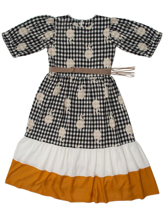 Kid Dress Plaid Print Belt Dark Blue