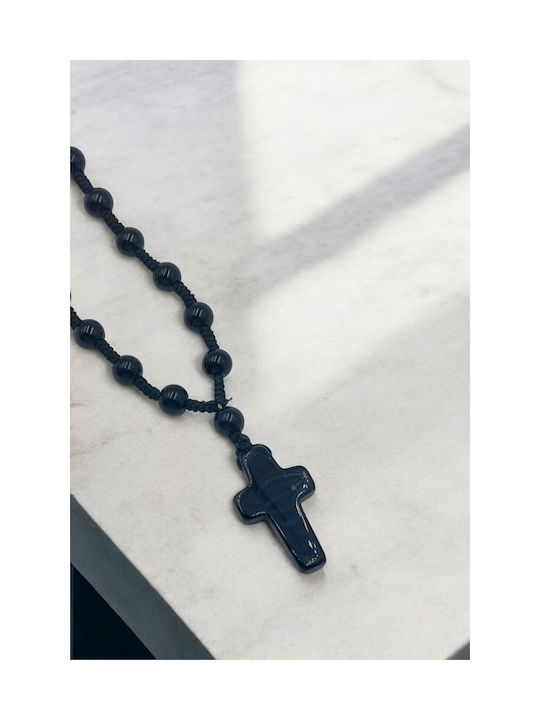 Necklace with Black Beads and Alternating Cross at the End