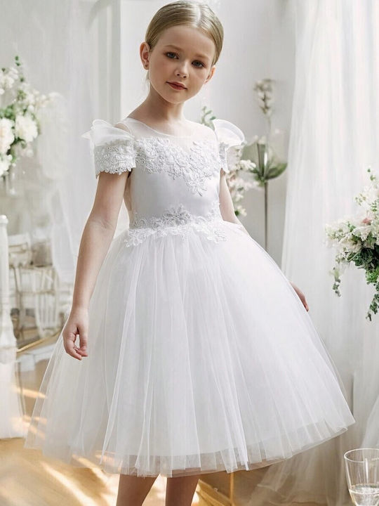 Mädchenkleid Kurzärmelig Tüll Für Blumenmädchen Weiß